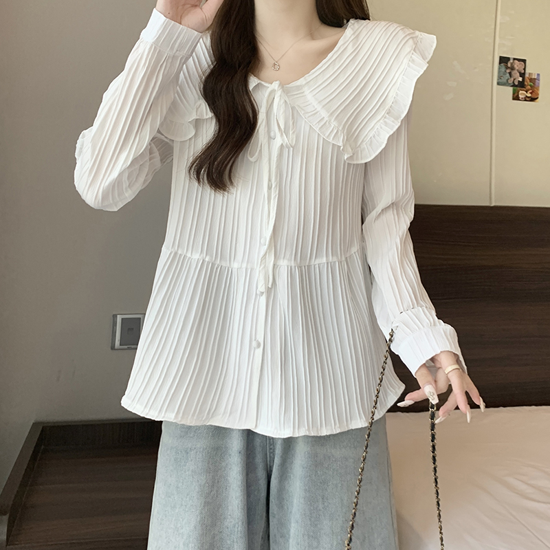 Actual shot of 2024 spring new style fat mm plus size women's versatile doll collar fungus lace lace-up top shirt