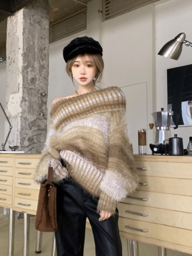 Actual shot ~ Lazy gradient off-shoulder lapel multi-wear plush furry loose sweater