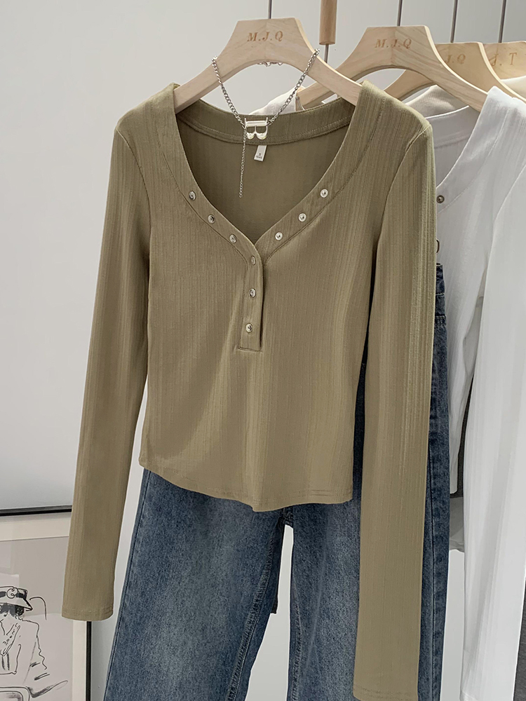 Real photo of hot girl temperament v-neck long-sleeved shoulder T-shirt for women autumn slim waist bottoming shirt with niche top