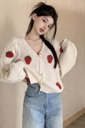 Real shot of high-end chic knitted sweater for women spring new V-neck outer strawberry sweater jacket