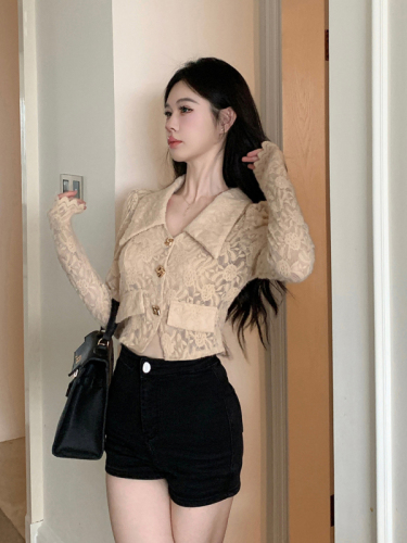 Real shot of large lapel lace shirt for women long sleeve short coat top for women