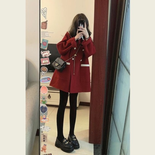 Xiaoxiangfeng 2024 New Year's Jersey Autumn and Winter Red Small Woolen Coat Woolen Jacket Women's Mid-Length