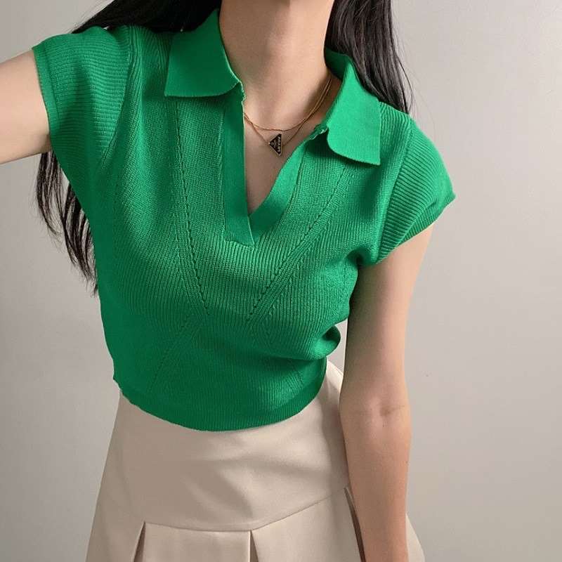 2024 summer new style POLO collar short-sleeved slim slim v-neck short knitted t-shirt green tops for women