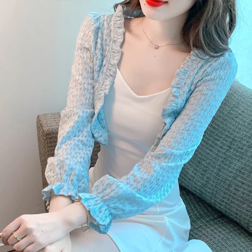Cardigan sun protection clothing for women spring and autumn 2024 new style short fungus-edged lace shawl top with skirt