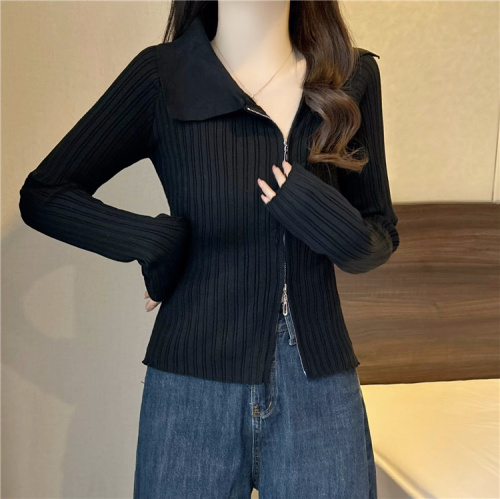 Actual shot~New double-ended zipper slimming pit design cardigan knitted top