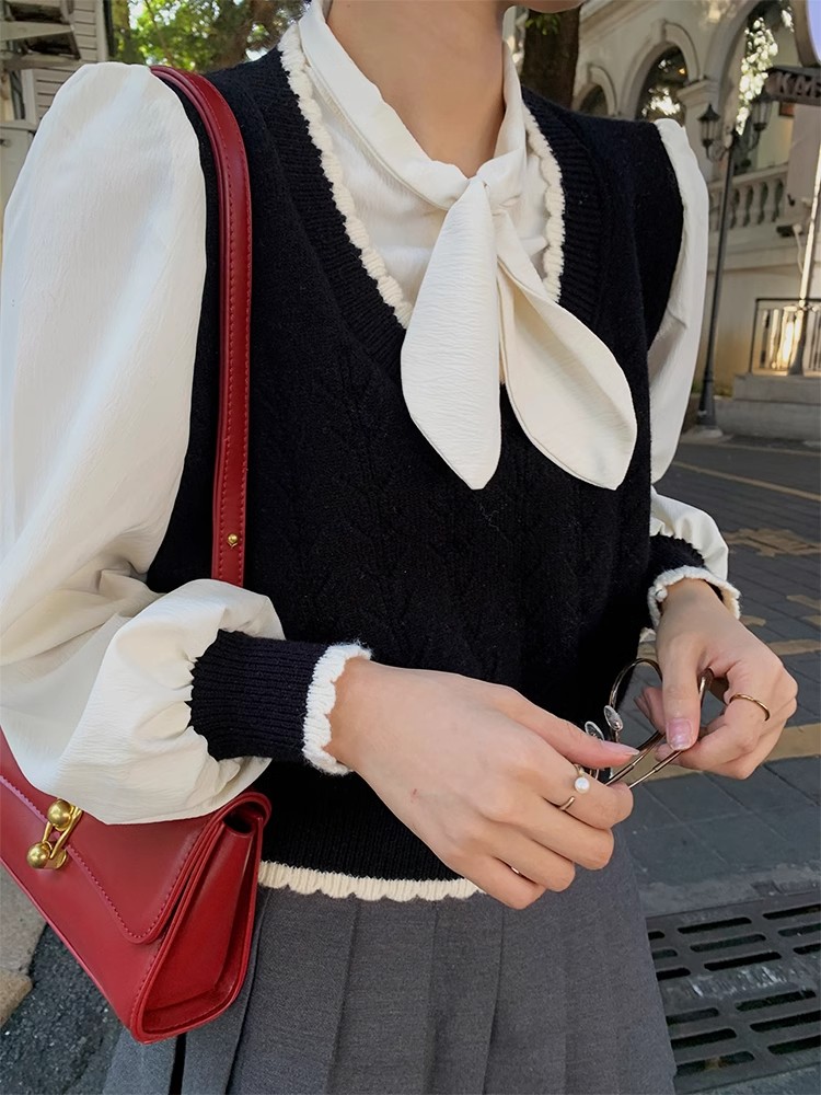 韓版女裝假兩件蕾絲拼接襯衫新款秋冬氣質顯瘦飄帶領上衣潮