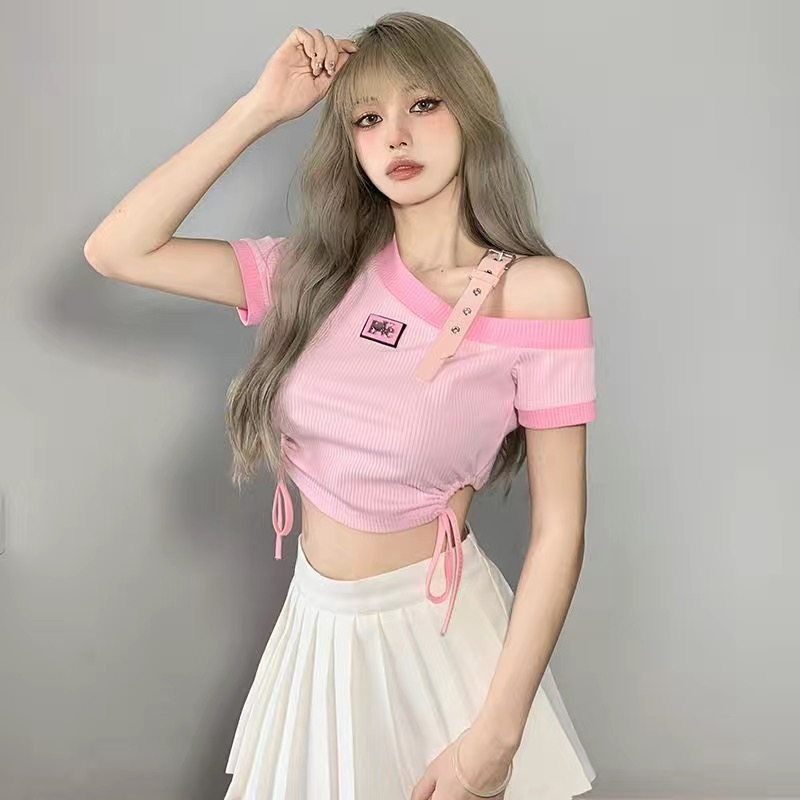 Official photo Sweet and spicy design personalized pink slim-fitting short oblique shoulder pleated short-sleeved T-shirt top for women