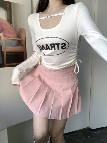 Real-shot letter printed long-sleeved U-neck T-shirt spring and summer new hot girl drawstring pleated slim short bottoming shirt