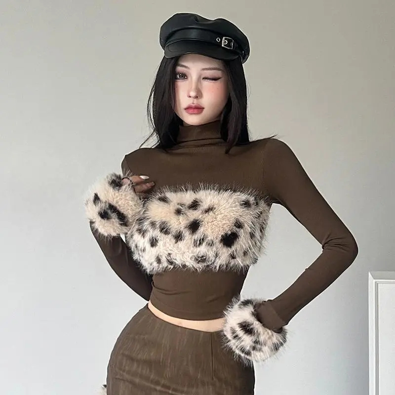 American leopard print ladylike fur stitching high collar T-shirt for women