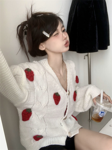 Real shot of high-end chic knitted sweater for women spring new V-neck outer strawberry sweater jacket