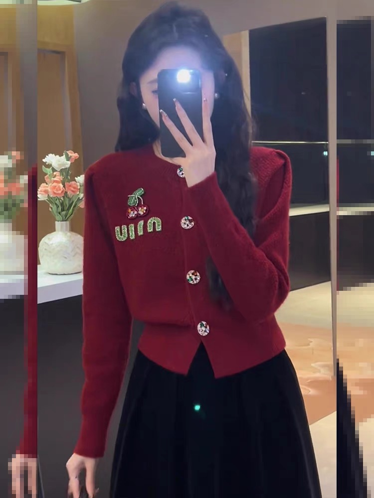 Ceylon black tea niche high-end cherry letter embroidered cardigan sweater for women autumn and winter new slim fit top