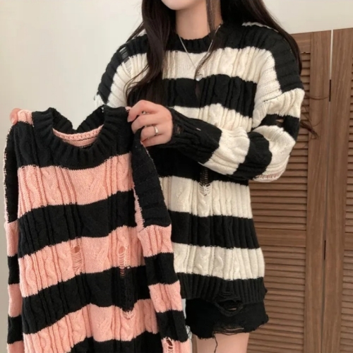 chic Korean style spring retro niche irregular hole design striped versatile knitted sweater top