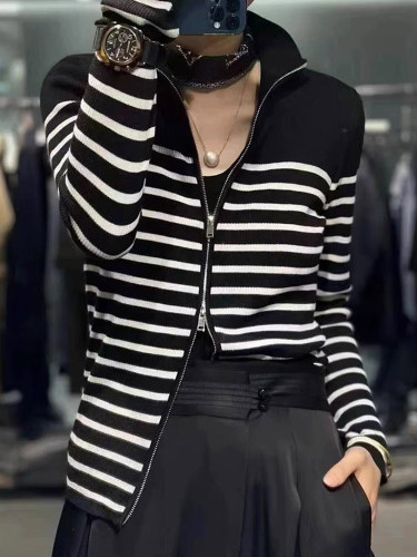 韩版简约撞色条纹针织衫双拉链设计感开衫时尚休闲立领长袖上衣女