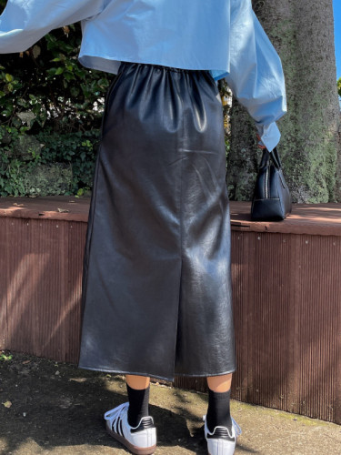 Original retro style elastic high waist slimming mid-length slit pu leather skirt