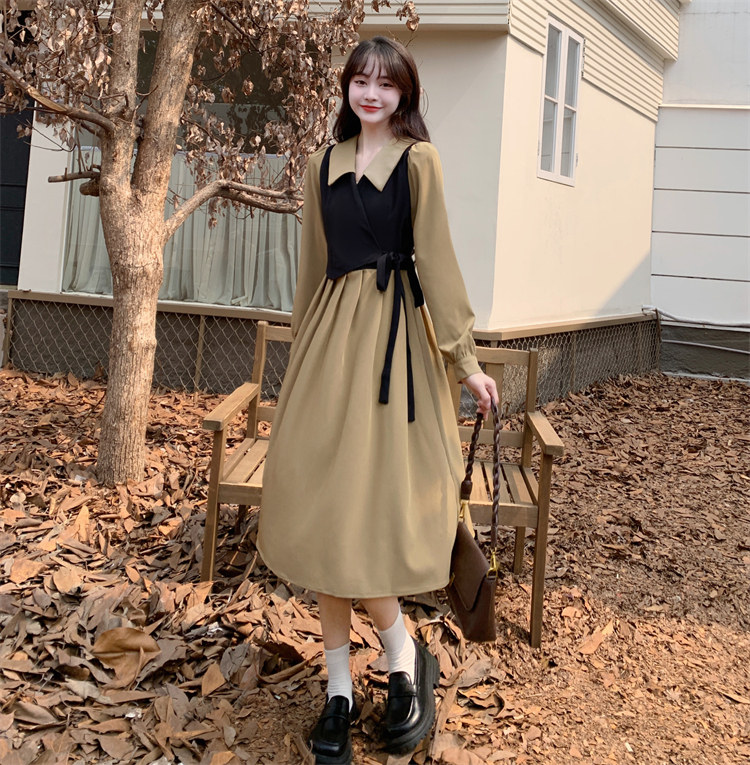 2024早春新款大碼女裝胖妹妹復古減齡顯瘦赫本風長袖假兩件連衣裙
