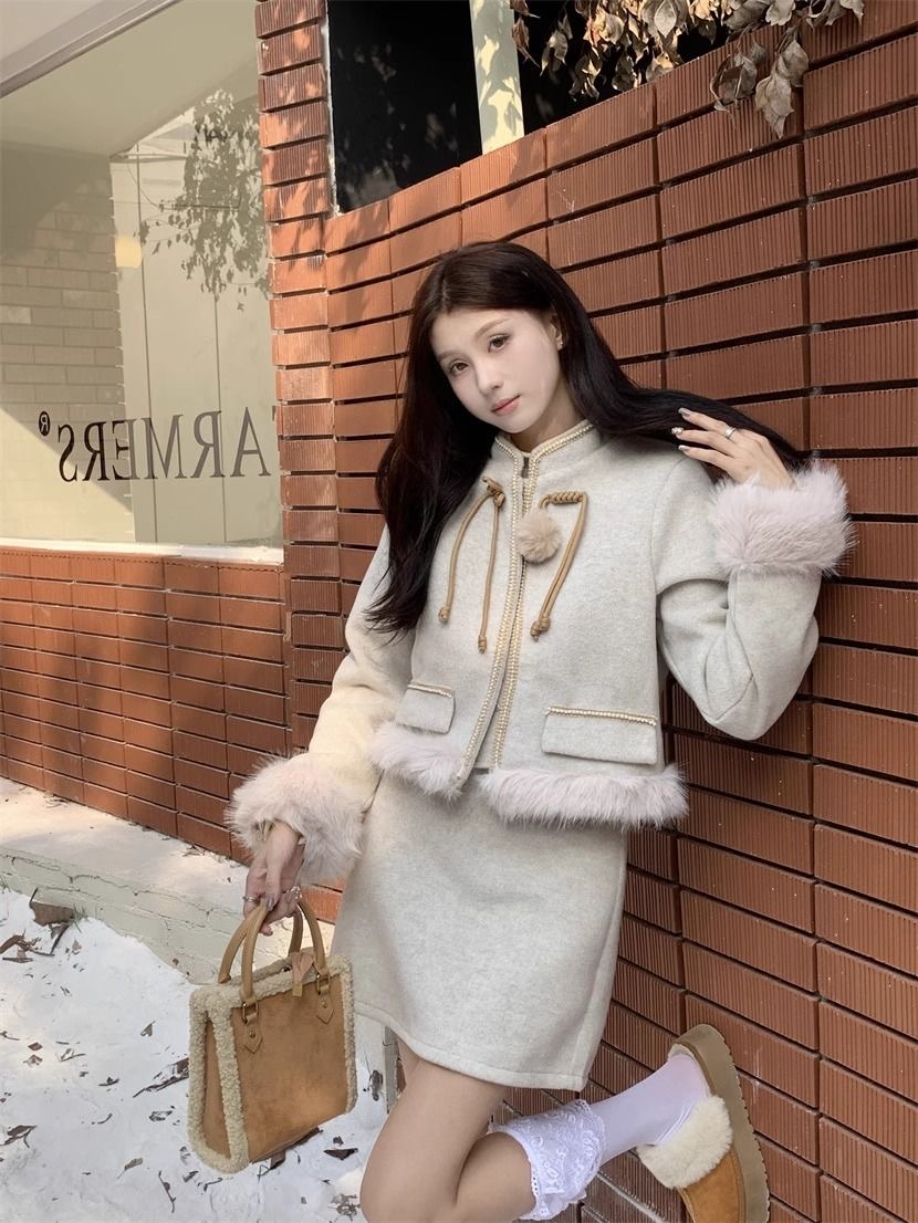 Rich daughter's quilted thickened fur stitching long-sleeved woolen coat skirt women's autumn and winter 2024 new suit