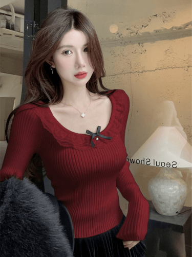 Christmas and New Year red top lace knitted sweater slim low round neck with bottoming sweater for women in autumn and winter