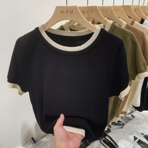 European Solid Color Knitwear Women's Short Sleeve T-Shirt Round Neck Front Shoulder Early Spring Contrast Color French Bottoming Chic Top