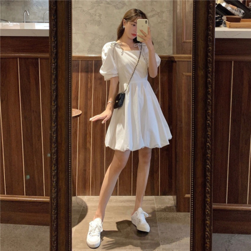 Super Fairy White Bow Square Neck Puff Sleeve Dress Small Girl Summer French First Love Forest Style Platycodon Style