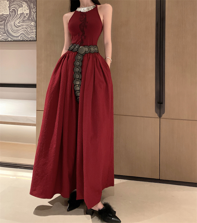 實拍~2024春新中式龍紋印花工字露背大擺蓬蓬裙度假裙禮服裙
