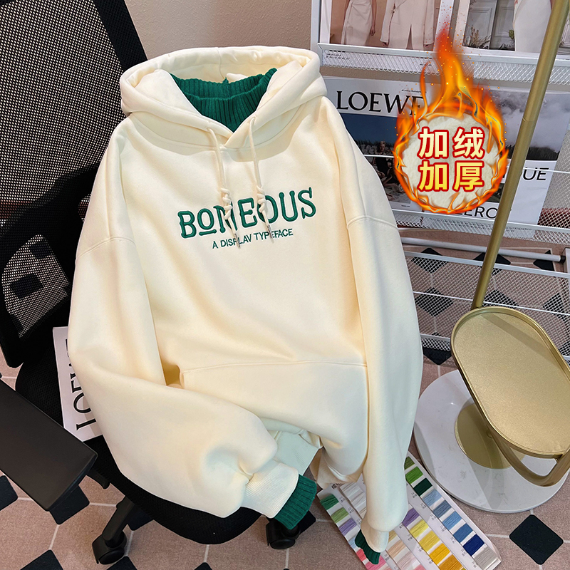 實拍華棉複合真超加絨400克衛衣女秋冬刺繡連帽上衣大碼女裝200斤