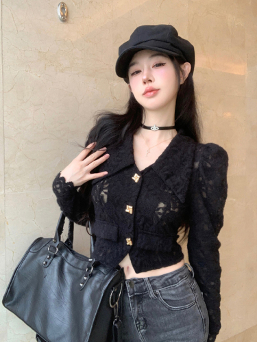 Real shot of large lapel lace shirt for women long sleeve short coat top for women