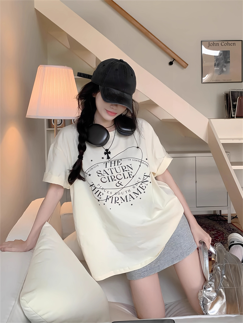 220克精梳緊密賽洛美式寬鬆字母印花圓領短袖T恤