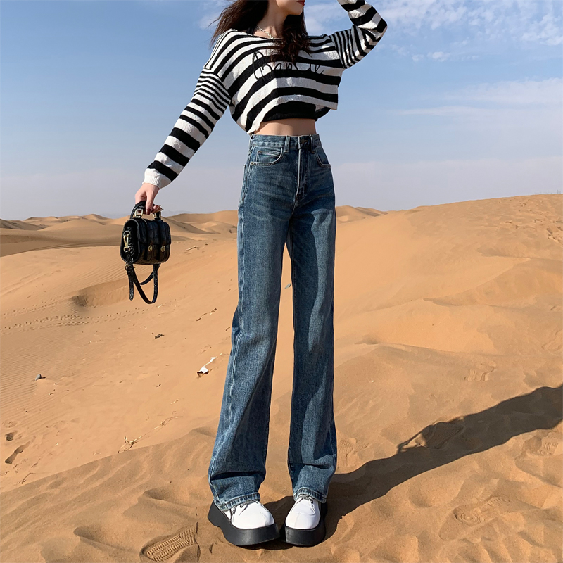 實拍褲子女新款春裝美式復古高腰微喇顯瘦藍色牛仔褲