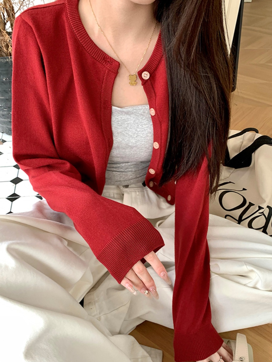 聖誕穿搭新年紅色毛衣外套女秋冬新款針織開衫短款上衣小個子