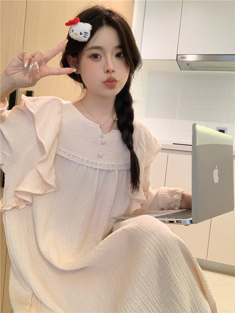 Actual shot of Korean style simple loose and sweet ruffled spring and autumn unrestrained soft cotton comfortable home wear dress