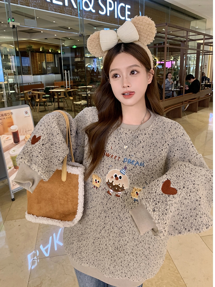 原版面料+刺繡+複合銀狐絨羊羔毛衛衣女秋冬寬鬆外穿上衣潮
