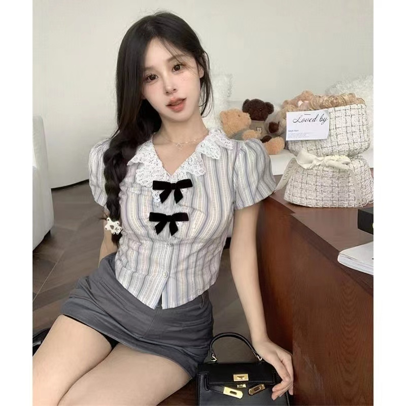 辣妹蝴蝶結條紋短袖襯衫女夏季蕾絲拼接娃娃領設計感短裙時尚套裝