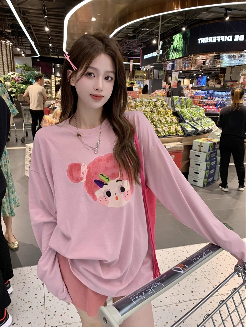 Cute girl printed pink long-sleeved T-shirt for women autumn 2024 new loose mid-length top
