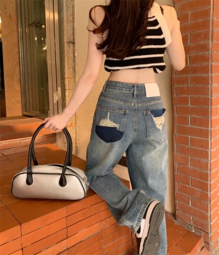 Actual shot of early spring new Korean style high-waisted loose straight casual casual versatile long jeans for women