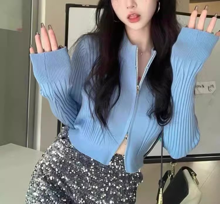 雙拉鏈坑條針織開衫露臍短款衛衣女秋季別致小眾修身顯瘦純色上衣