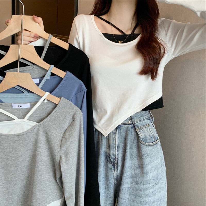 Lazy style right-shoulder long-sleeved T-shirt for women in summer, design sense, color-blocking T-shirt, age-reducing, western-style irregular top