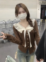 French-style lace ruffled bow V-neck knitted cardigan for women—spring/autumn, slim-fit inner layer, short-length top