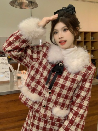 Actual shot of New Year's shirt red plaid suit small fragrant cardigan quilted jacket + pleated skirt skirt
