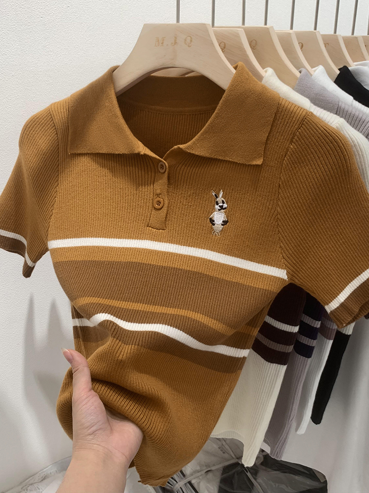小個子套頭針織衫女初秋新款Polo領刺繡修身撞色修身小眾短款上衣