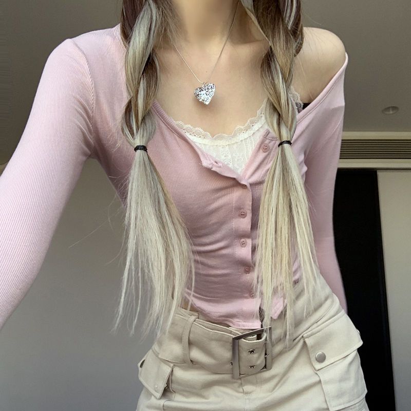 Pure lust hot girl contrast color lace splicing buttoned long-sleeved top age-reducing hem lace-up fake two-piece sweater