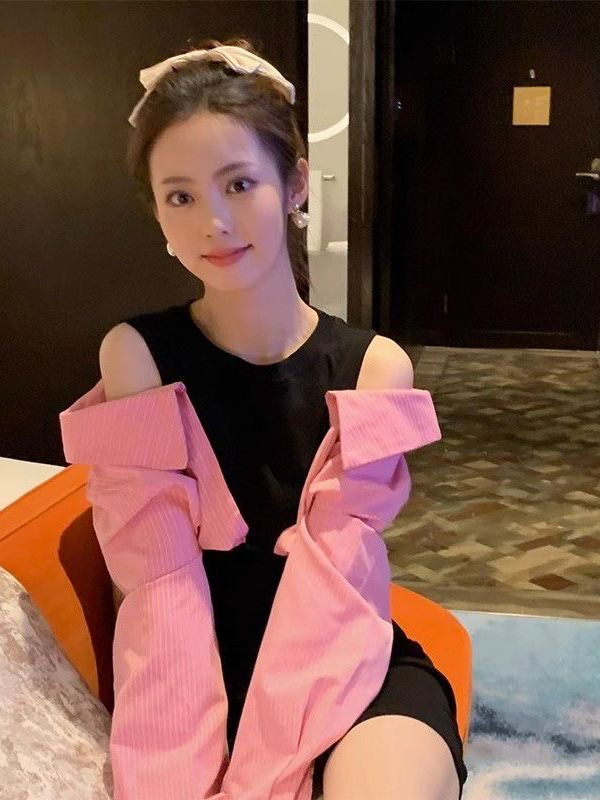 甜酷辣妹撞色假兩件連衣裙女秋冬季裙子氣質感高級感露肩襯衫短裙