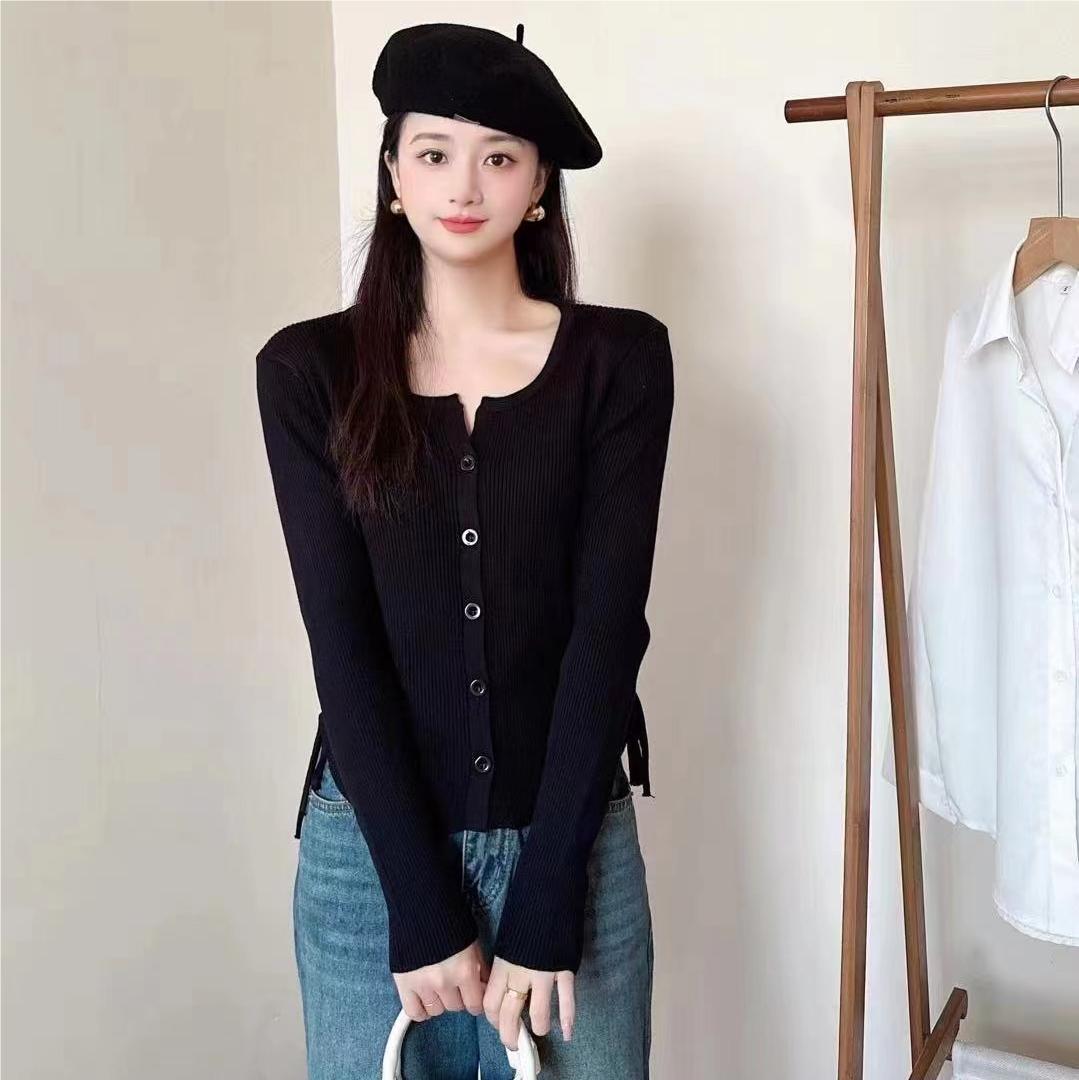 秋冬新款韓版簡約V領坑條兩側抽繩顯瘦長袖開衫上衣女