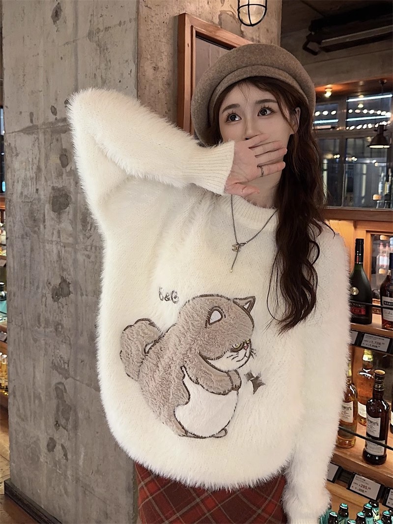 慵懶風趣味卡通提花毛衣女冬季新款寬鬆軟糯圓領套頭針織上衣