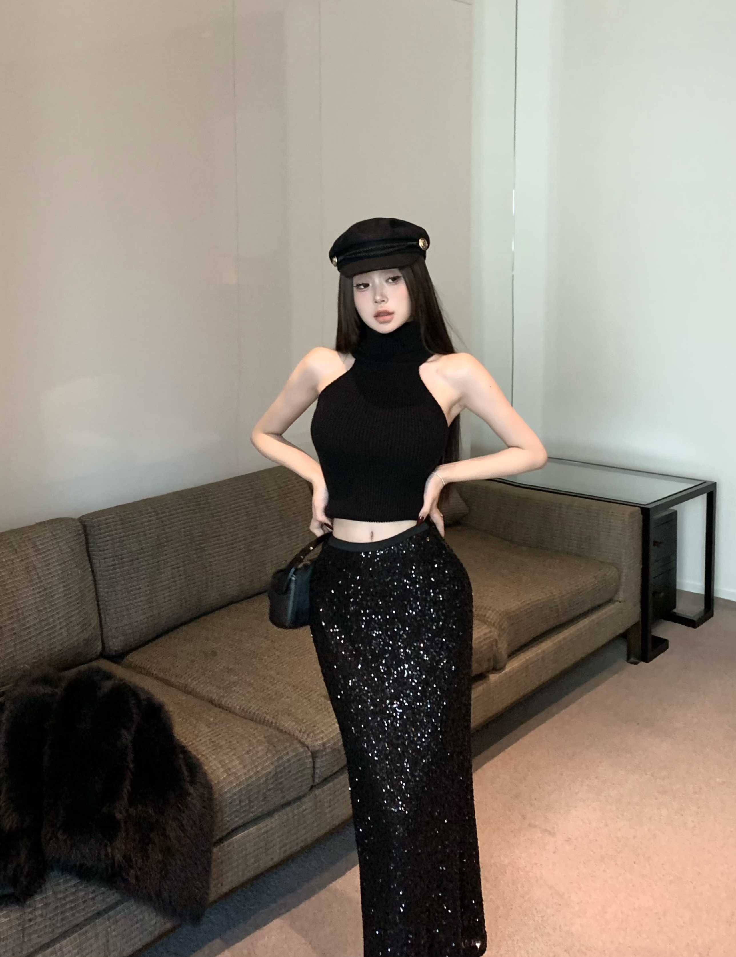 純欲辣妹高領無袖針織衫彈力背心+亮片性感純欲風長裙半裙