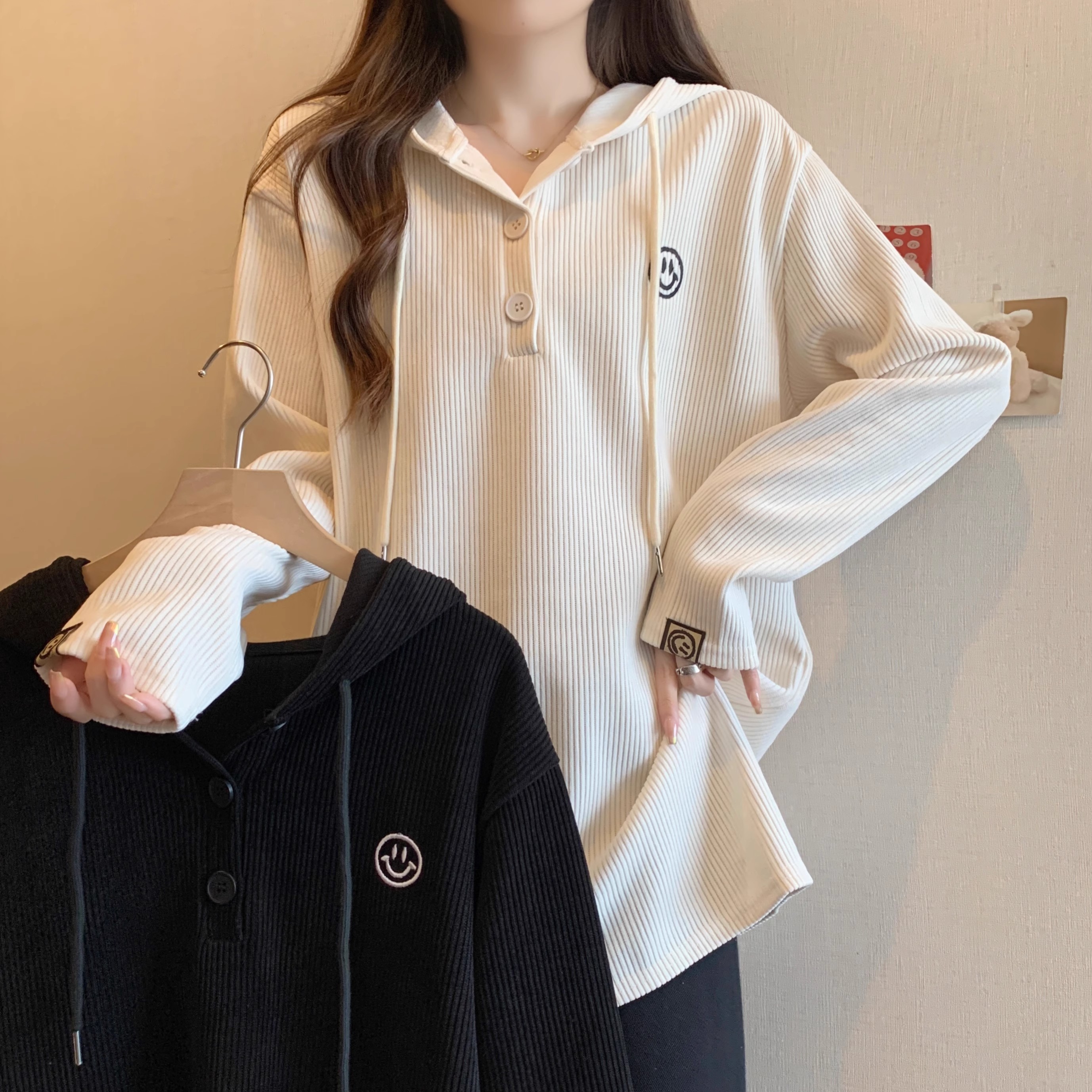女裝年秋冬新款顯瘦歐貨正肩衛衣刺繡寬鬆小個子中長款