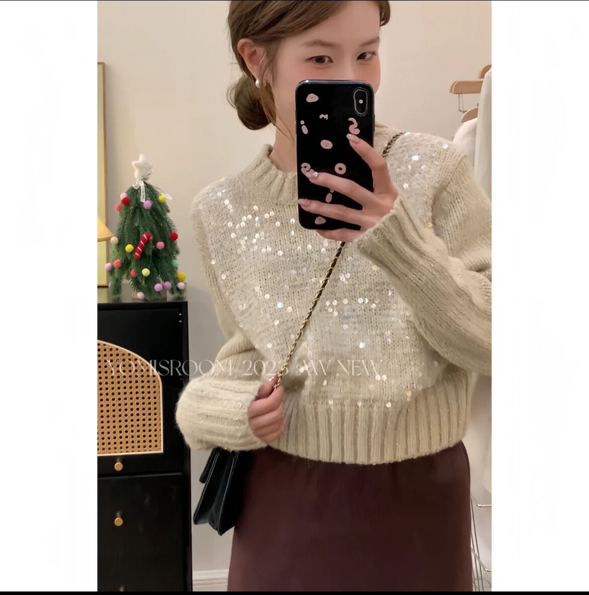 個子定製雪白綿綿毛衣圓領秋冬長袖設計感氣質亮片短款針織