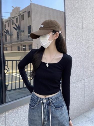 Threaded Velvet~Square Neck T-shirt Women's Autumn and Winter New Sweet and Spicy Slim Short Long Sleeve Bottoming Top