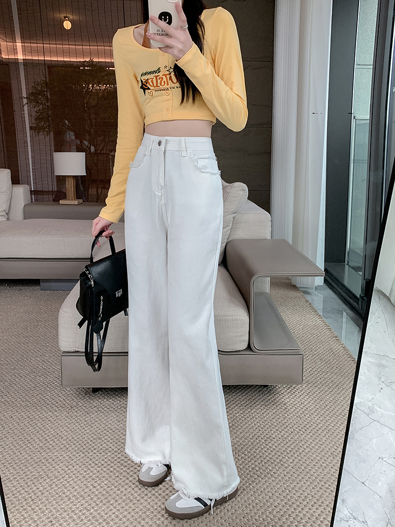 實拍~白色直筒牛仔褲女2024年顯瘦闊腿褲寬鬆休閒褲毛邊長褲
