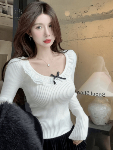 Christmas and New Year red top lace knitted sweater slim low round neck with bottoming sweater for women in autumn and winter