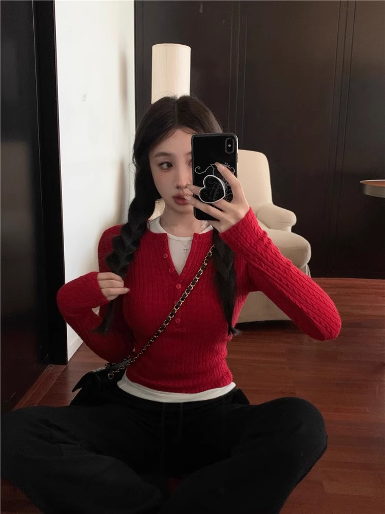 紅色麻花長袖針織衫上衣女秋冬季復古短款修身甜辣妹內搭打底毛衣